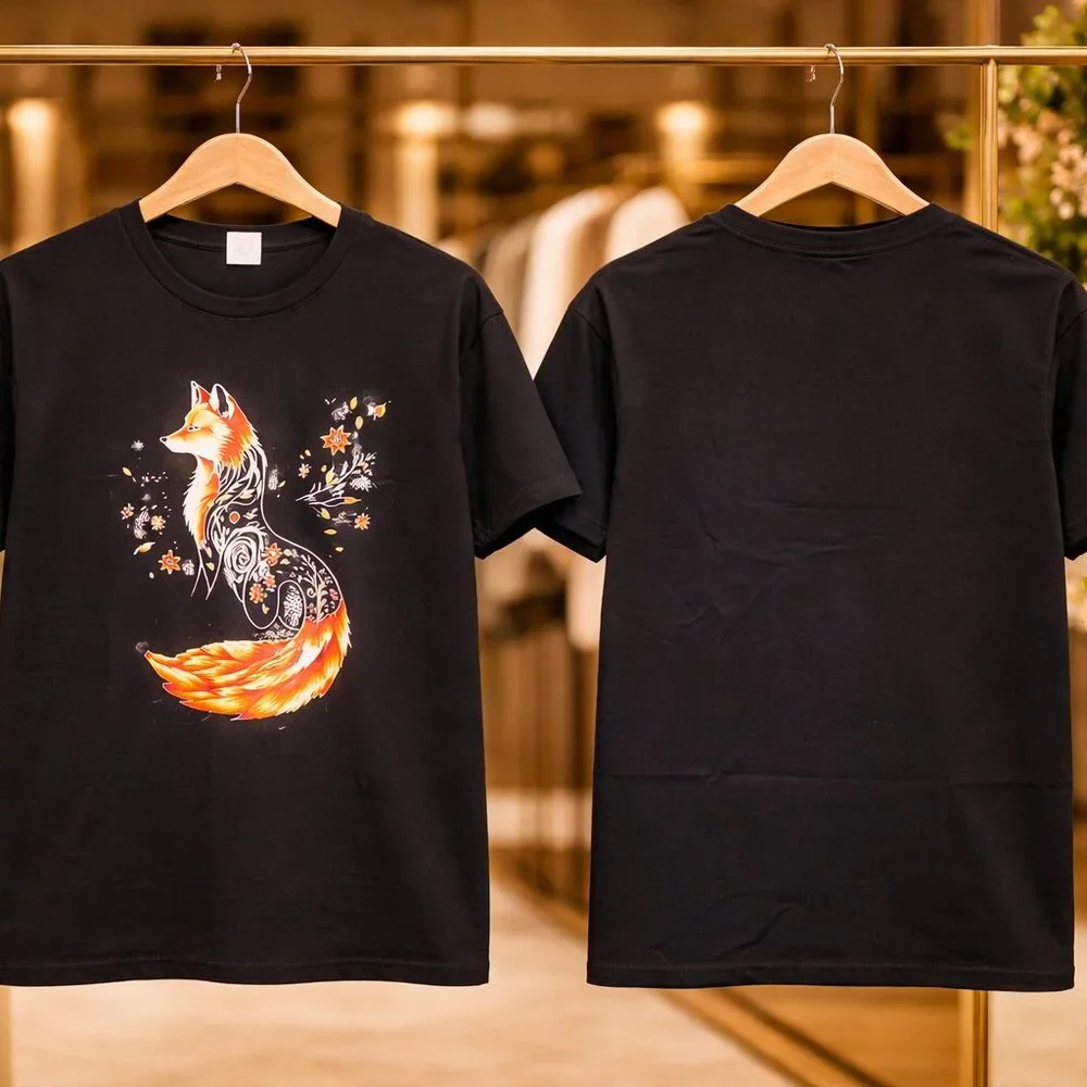 Floral Fox Graphic Tee – Artistic Cotton T-Shirt Black – Size [S/M/L/XL] NEW - Picture 4 of 11